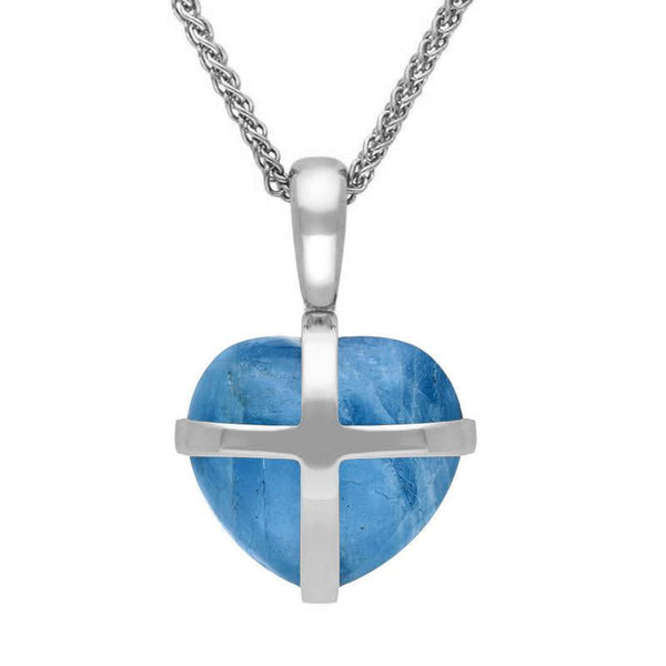 18ct White Gold Aquamarine Small Cross Heart Necklace, P1544.
