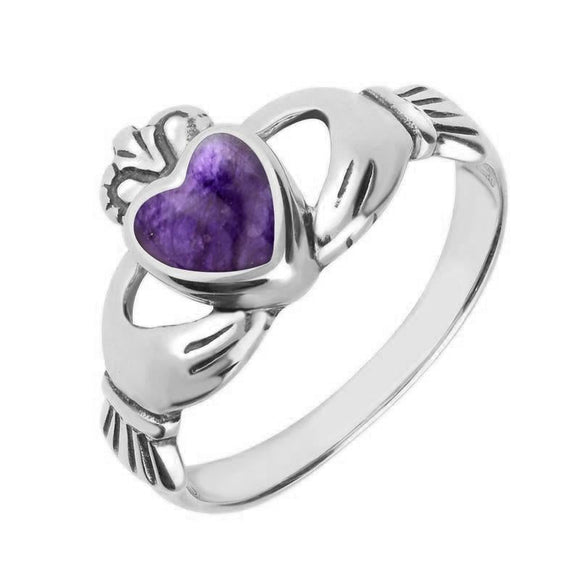 18ct White Gold Blue John Claddagh Set Ring, R074