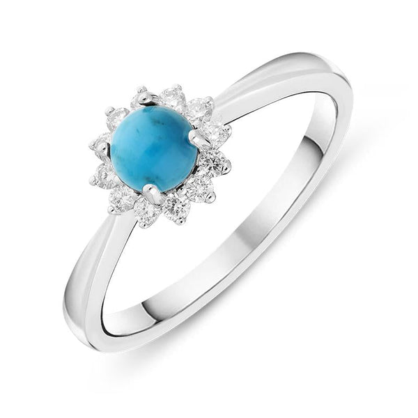 18ct White Gold Turquoise 0.18ct Diamond Flower Ring, R884.