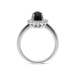 18ct White Gold Whitby Jet 0.40ct Diamond Round Flower Ring. R1027.