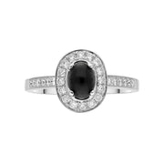 18ct White Gold Whitby Jet 0.54ct Diamond Oval Shoulder Ring. R1014.
