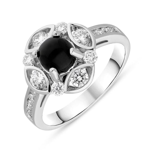 18ct White Gold Whitby Jet 0.72ct Diamond Round Shoulder Ring. R1020.