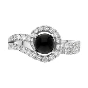 18ct White Gold Whitby Jet 0.89ct Diamond Swirl Top Double Shoulder Ring. R1025.