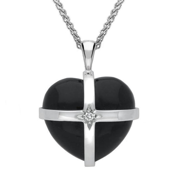 18ct White Gold Whitby Jet Diamond Medium Cross Heart Necklace, P2653.