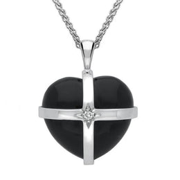 18ct White Gold Whitby Jet Diamond Medium Cross Heart Necklace, P2653.