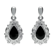 18ct White Gold Whitby Jet Pear Shaped Leaf Drop Earrings, E083.