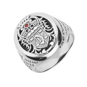 18ct White Gold Whitby Jet Ruby Dracula Crest Replica Signet Ring. R622. 