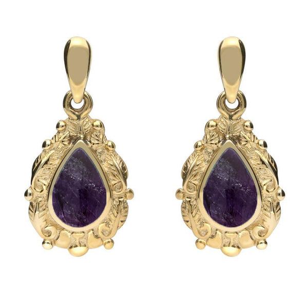 18ct Yellow Gold Blue John Pear Shaped Leaf Drop Earrings, E083.