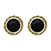 18ct Yellow Gold Whitby Jet Round Twist Edge Stud Earrings. E134.