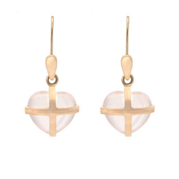 18ct Rose Gold Rose Quartz Small Cross Heart Drop Earrings E1287