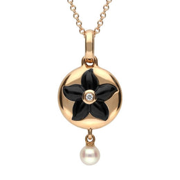18ct Rose Gold Whitby Jet 0.007 Carat Diamond Flower Necklace p3059