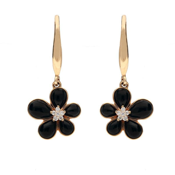 18ct Rose Gold Whitby Jet 0.05ct Diamond Flower Drop Earrings, E2050.