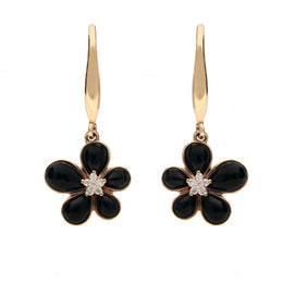 18ct Rose Gold Whitby Jet 0.05ct Diamond Flower Drop Earrings, E2050.
