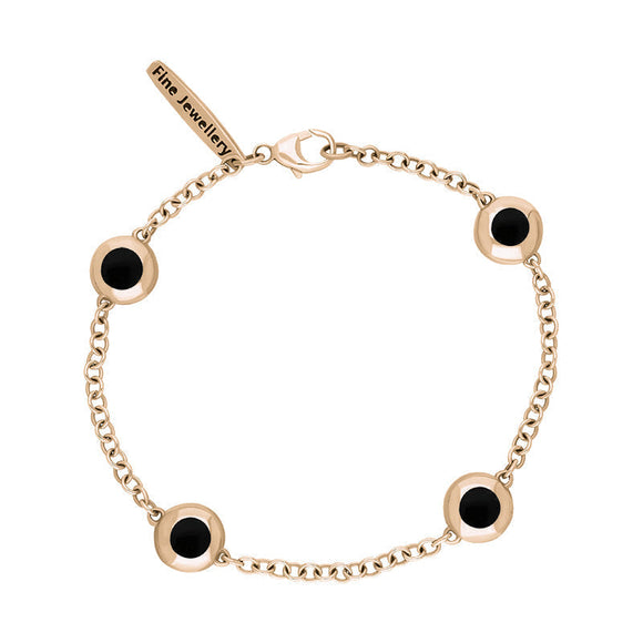 18ct Rose Gold Whitby Jet Oval Heart Detail Four Stone Bracelet, B797.