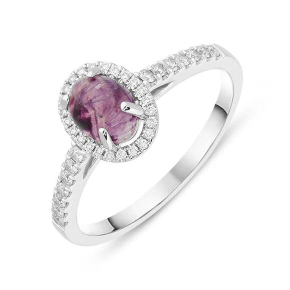 18ct White Gold Blue John 0.24ct Diamond Oval Ring. R1109.