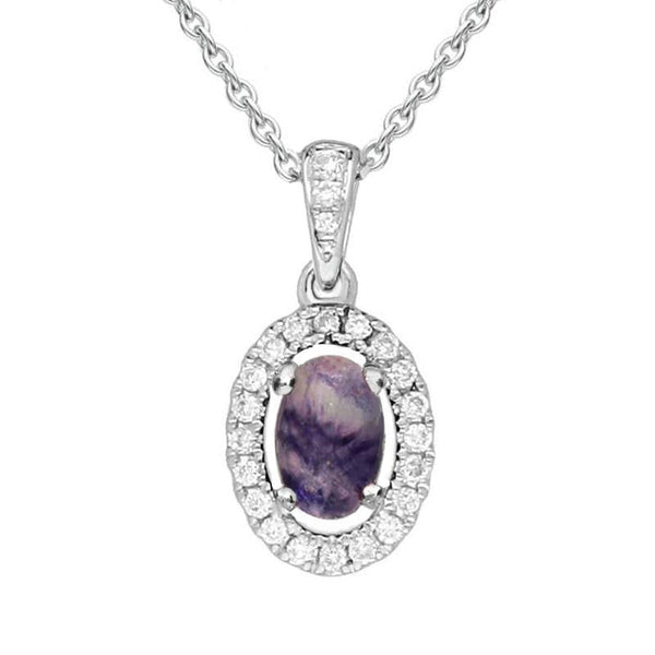 18ct White Gold Blue John 0.10ct Diamond Set Oval Necklace