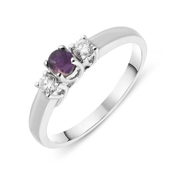 18ct White Gold Blue John Diamond Trilogy Ring, R1111.