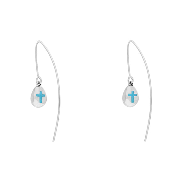 18ct White Gold Turquoise Cross Disc Drop Earrings, E1374.