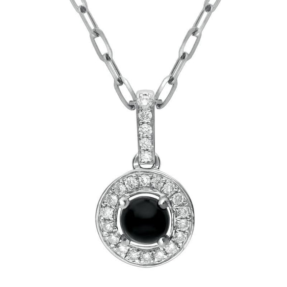18ct White Gold Whitby Jet 0.10ct Diamond Pave Surround Necklace, P2834