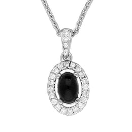 18ct White Gold Whitby Jet 0.10ct Diamond Set Oval Necklace P2657