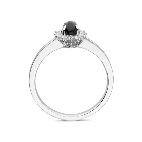 18ct White Gold Whitby Jet 0.14ct Diamond Oval Flower Ring R1190