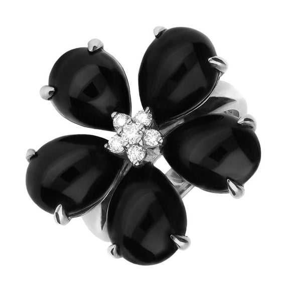 18ct White Gold Whitby Jet 0.15ct Diamond Five Stone Petal Ring R640