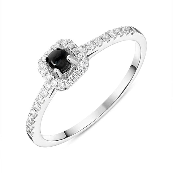 18ct White Gold Whitby Jet 0.16ct Diamond Cushion Shaped Ring R964