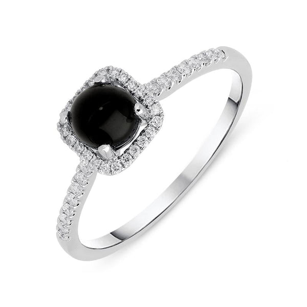 18ct White Gold Whitby Jet 0.16ct Diamond Square Cluster Ring, R1155.