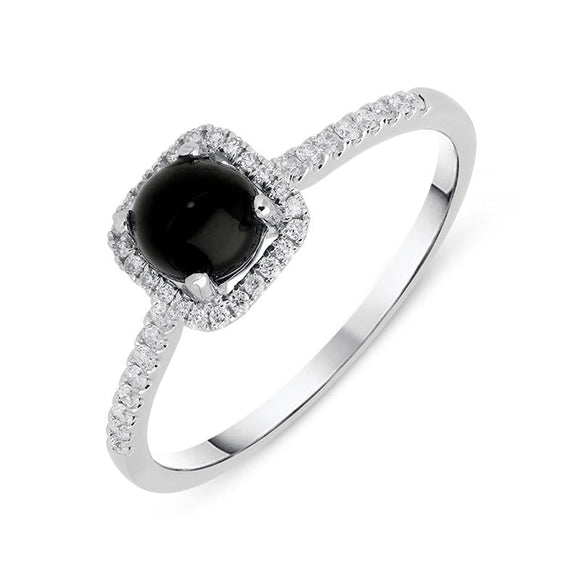 18ct White Gold Whitby Jet 0.16ct Diamond Square Cluster Ring, R1155.