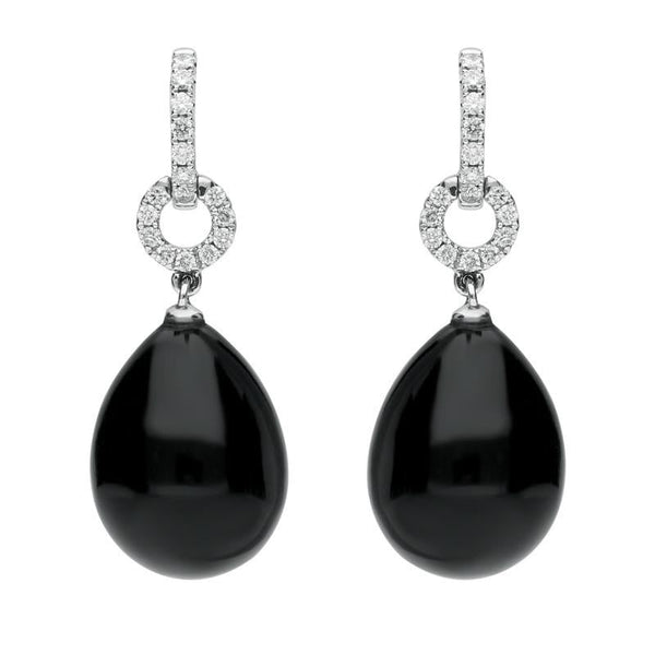 18ct White Gold Whitby Jet 0.22ct Diamond Round Drop Earrings E2249