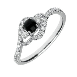 18ct White Gold Whitby Jet 0.34ct Diamond Round Cross Over Ring R1015