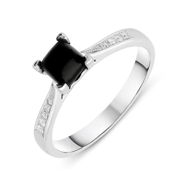 18ct White Gold Whitby Jet Diamond Cushion Shaped Ring, R1150.