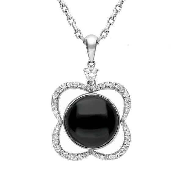 18ct White Gold Whitby Jet Diamond Open Flower Necklace, P1331