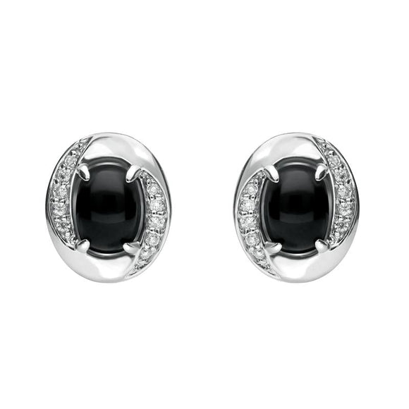 18ct White Gold Whitby Jet 0.11ct Diamond Oval Earrings E1398