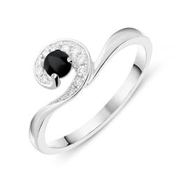 18ct White Gold Whitby Jet Diamond Swirl Ring, R1108.