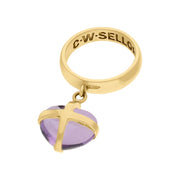 18ct Yellow Gold Amethyst Small Cross Heart Dropper Ring, R641.