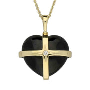 18ct Yellow Gold Whitby Jet 0.05ct Diamond Large Cross Heart Necklace P2652