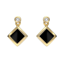 18ct Yellow Gold Whitby Jet 0.06ct Diamond Top Square Stud Earrings. E643B