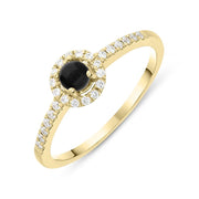 18ct Yellow Gold Whitby Jet 0.14ct Diamond Claw Set Round Centre Ring, R1007