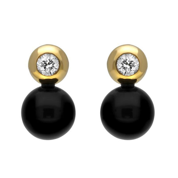 18ct Yellow Gold Whitby Jet 0.15ct Diamond Bead Stud Earrings. E293.