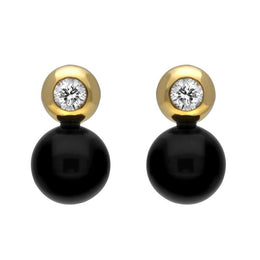 18ct Yellow Gold Whitby Jet 0.15ct Diamond Bead Stud Earrings. E293.