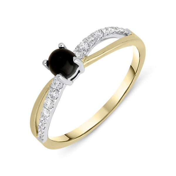 18ct Yellow Gold Whitby Jet 0.16ct Diamond Split Shoulder Ring, R1147.