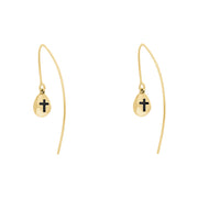 18ct Yellow Gold Whitby Jet Cross Disc Drop Earrings, E1374.