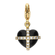 18ct Yellow Gold Whitby Jet 0.16ct Diamond Small Cross Heart Charm G775