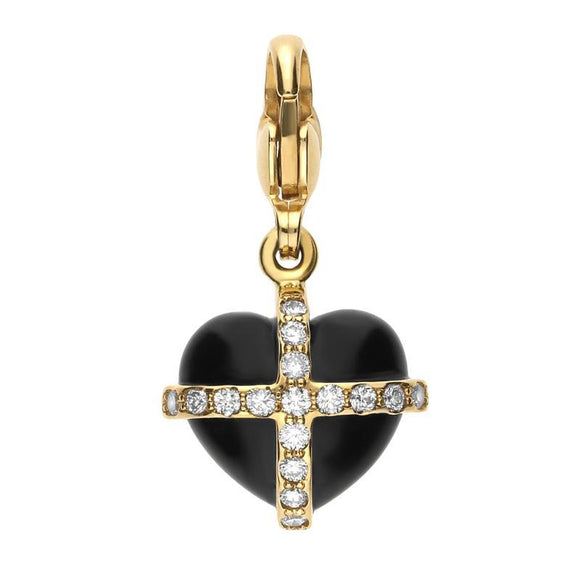 18ct Yellow Gold Whitby Jet 0.16ct Diamond Small Cross Heart Charm G775