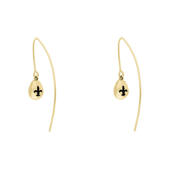 18ct Yellow Gold Whitby Jet Fleur De Lis Disc Drop Earrings, E1373.