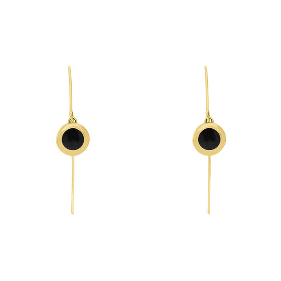 18ct Yellow Gold Whitby Jet Heart Disc Drop Earrings, E1372.