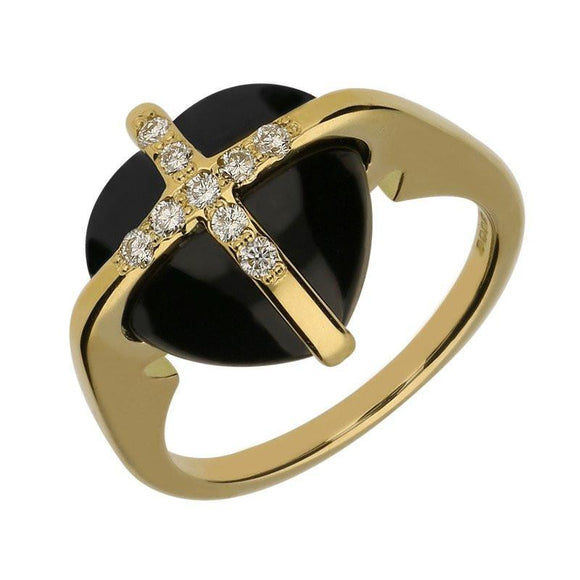 18ct Yellow Gold Whitby Jet Nine Diamond Small Cross Heart Ring R969