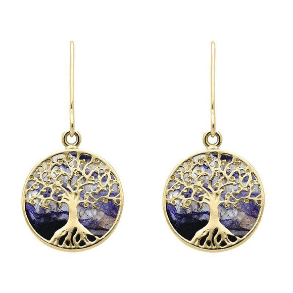 9ct Yellow Gold Blue John Round Tree Drop Earrings E2429