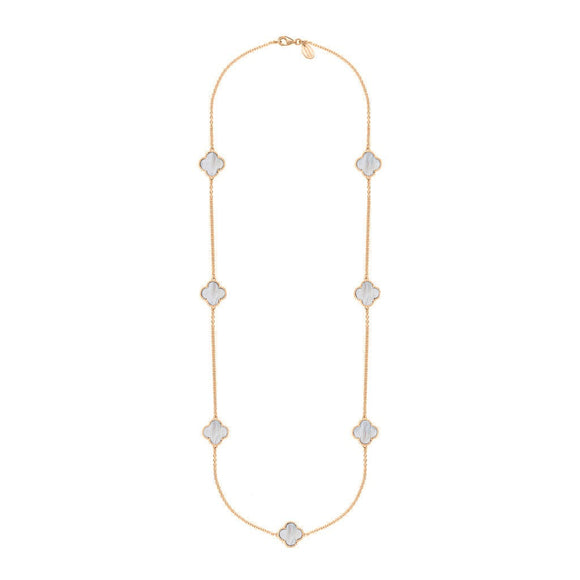 9ct Rose Gold WHITE MOP Bloom Four Leaf Clover Ball Edge Long Necklace, N1040 